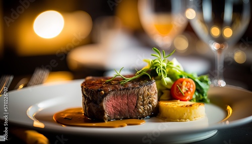 A gourmet Steak, A ripe tomato slices, and lettuce on a , in a modern upscale restaurant