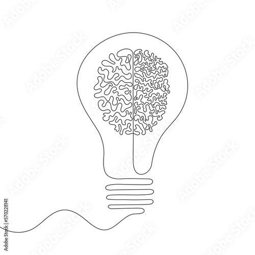 Continuous line drawing of light bulb and human brain logo. Idea concept. Vector illustration