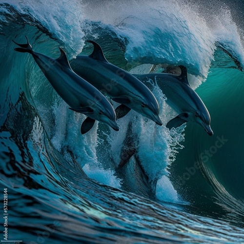 Fotobehang A pod of bottlenose dolphins jumping in the waves