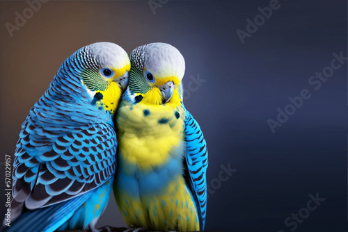Fotografiet Two blue wavy lovesick parrots are sitting together and kissing