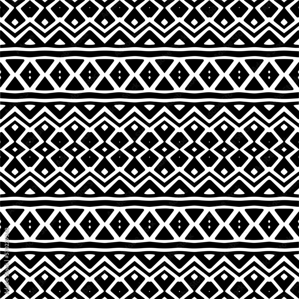 Vector geometric ornament in ethnic style. Seamless pattern with abstract shapes,Black and white color. Repeating pattern for decor, textile and fabric.
Vector geometric ornament in ethnic style. Seamless pattern with abstract shapes,Black and white color. Repeating pattern for decor, textile and fabric.