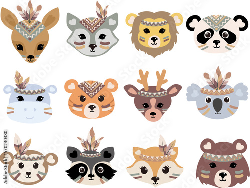 Set of flat vector boho animals heads. Boho forest animal faces