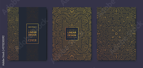 Set of vector art deco, gatsby golden covers. Creative design templates. Trendy graphic poster, brochure, design, package and branding. Geometric shapes, ornaments, elements
