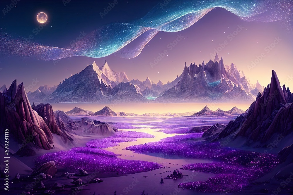 Fantasy Landscape with Sandy Glaciers and Purple Crystal 2. Generative AI.