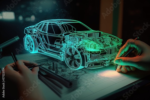An engineer designing an electric car using augmented reality and viewing the car as a projection or hologram in high-tech laboratory. Generative ai