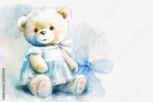 Cute fluffy Teddy bear girl. Watercolor style, textured paper imitation. Pastel colors, warm white color background, copy space. Generative ai. Birthday, childhood or family love concept
