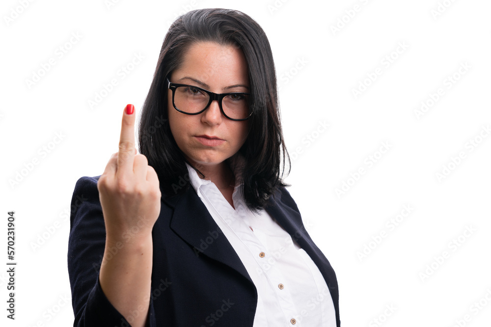Angry businesswoman showing middle finger as obscene gesture Angry businesswoman showing middle finger as obscene gesture