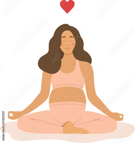 A pregnant woman meditates in the lotus position and practices yoga. The concept of yoga, meditation, relaxation, health, pregnancy, motherhood. Breathing exercises and health care. Flat vector 