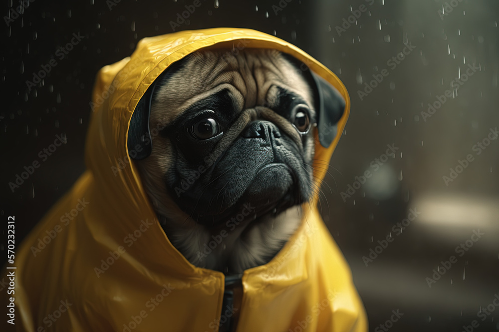 Cute pug wearing a yellow raincoat. Generative AI.