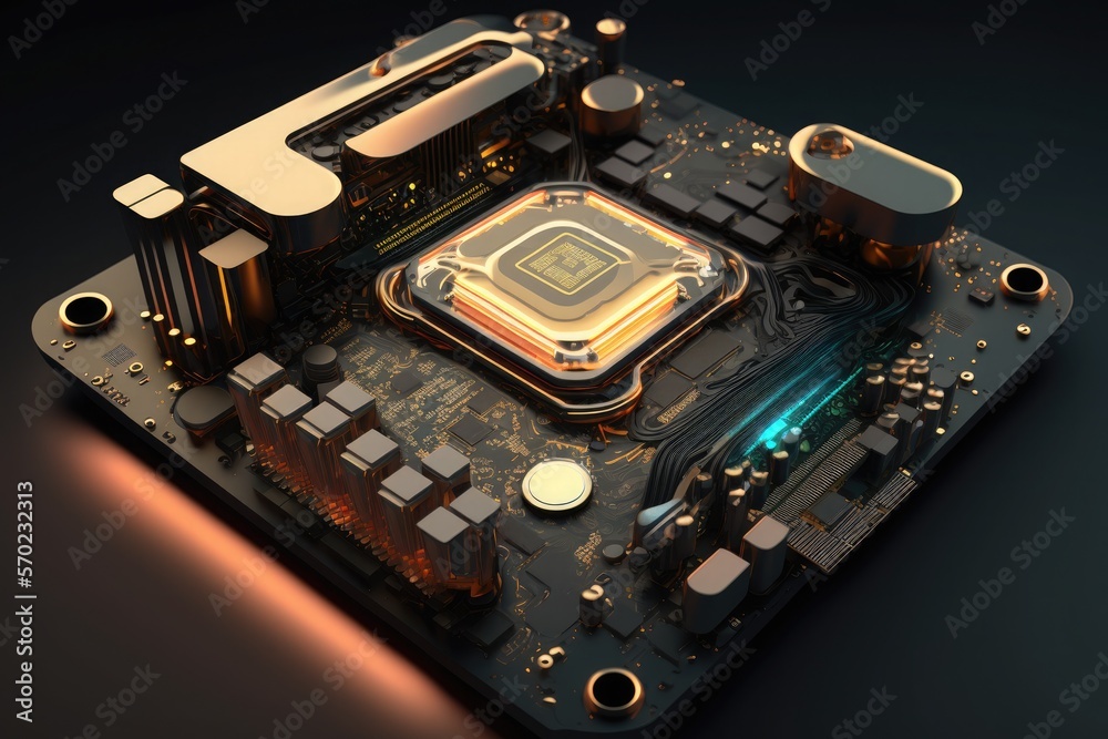 Fototapeta premium Soft lighting motherboard with big CPU, generative AI technology illustration.