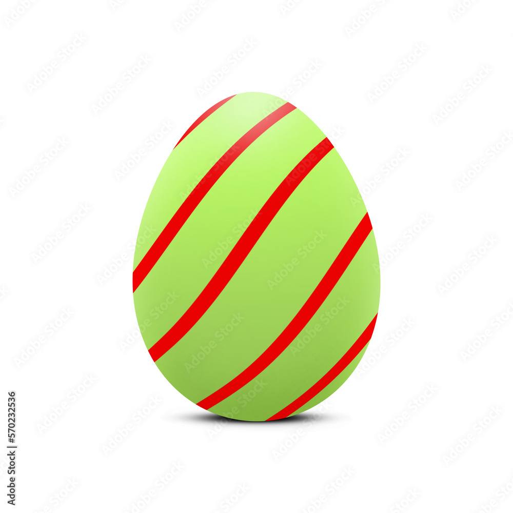 Green Easter egg with thin red lines. Illustration of a bright striped egg isolated on a transparent background. Easter egg decorated with diagonal stripes. PNG element for creativity and design.