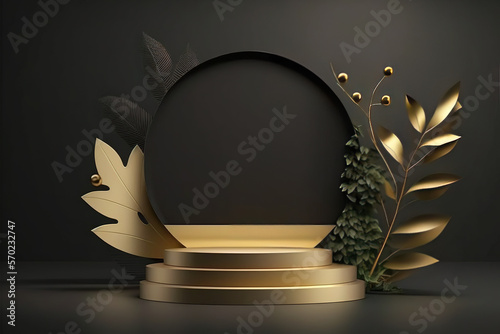 3D background, podium display, natural, black banner backdrop with light and shadow, product promotion beauty cosmetic