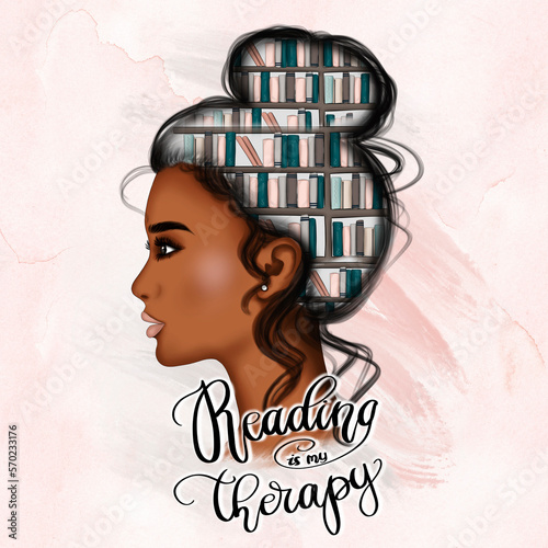 Reading Is My Therapy Pattern Drawn Illustration African American Girl
