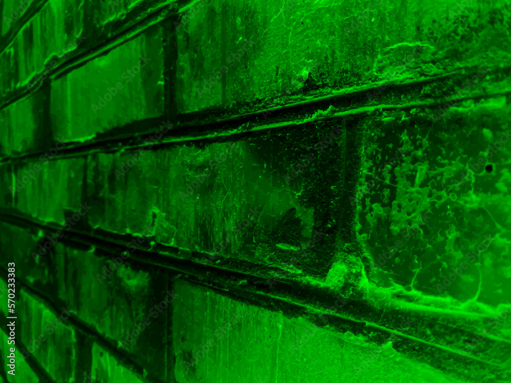 Fototapeta premium Vector green grunge background, gradient dark texture of an old brick wall. UHD 4K wallpaper. For screen, desktop, website design, overlay, stencil, banner, stylization and polygraph