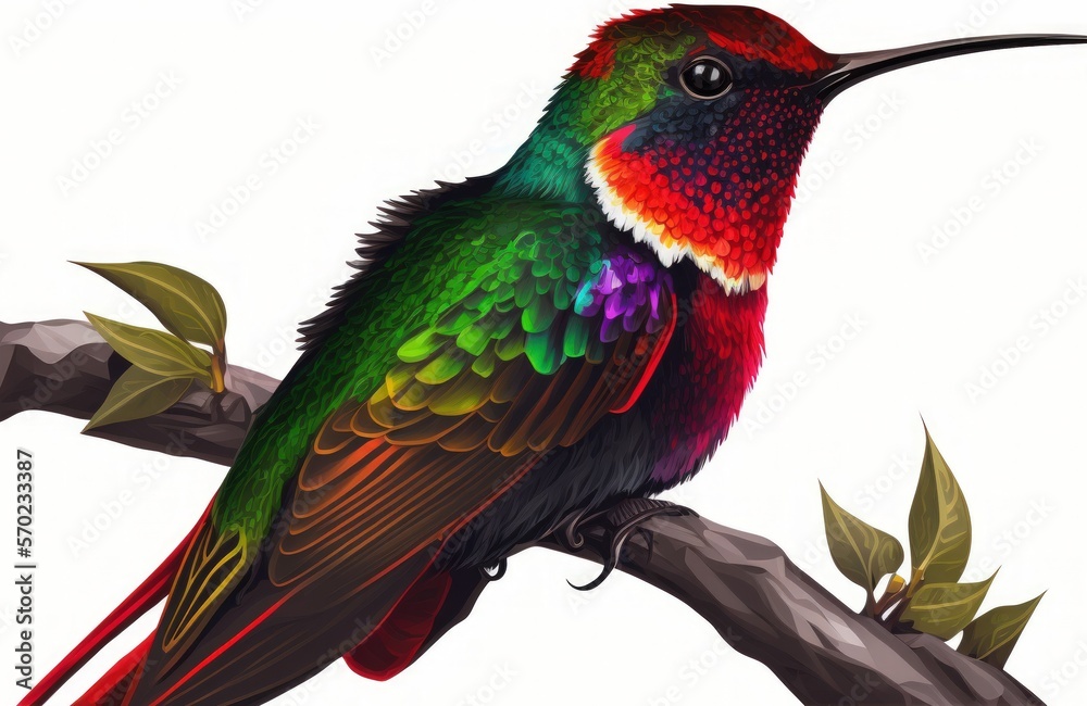 Obraz premium Red, lustrous, and glossy bird. The vibrant Fiery throated Hummingbird, Panterpe insignis, is perched on a branch. From Panama, a colourful mountain animal. Generative AI