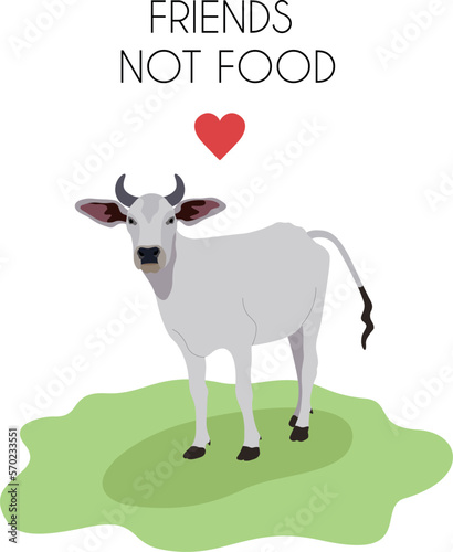 Friends not food. I am vegan. Cute spotted cow stands and look with her big, king eyes. Happy animal friend, no cruelty, veganism or vegetarianism concept. Vector isolated illustration.
