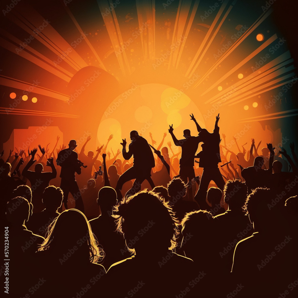 Silhouette of people dancing and singing at a concert or music festival. Generative AI. Silhouette of people dancing and singing at a concert or music festival. Generative AI.