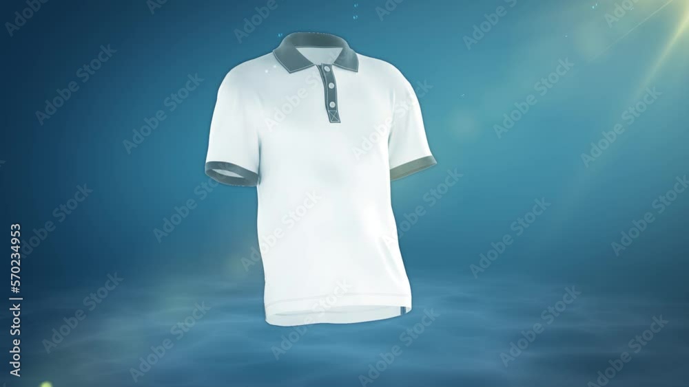 Stain remove from colth animation 4k render. 3d animation of cloth washing and whitening process. Gradient blue water bubbles fly around the t shirt and clean the fibers.