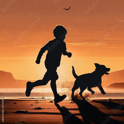 Boy walking with his dog on the beach at sunset. Generative AI.	
