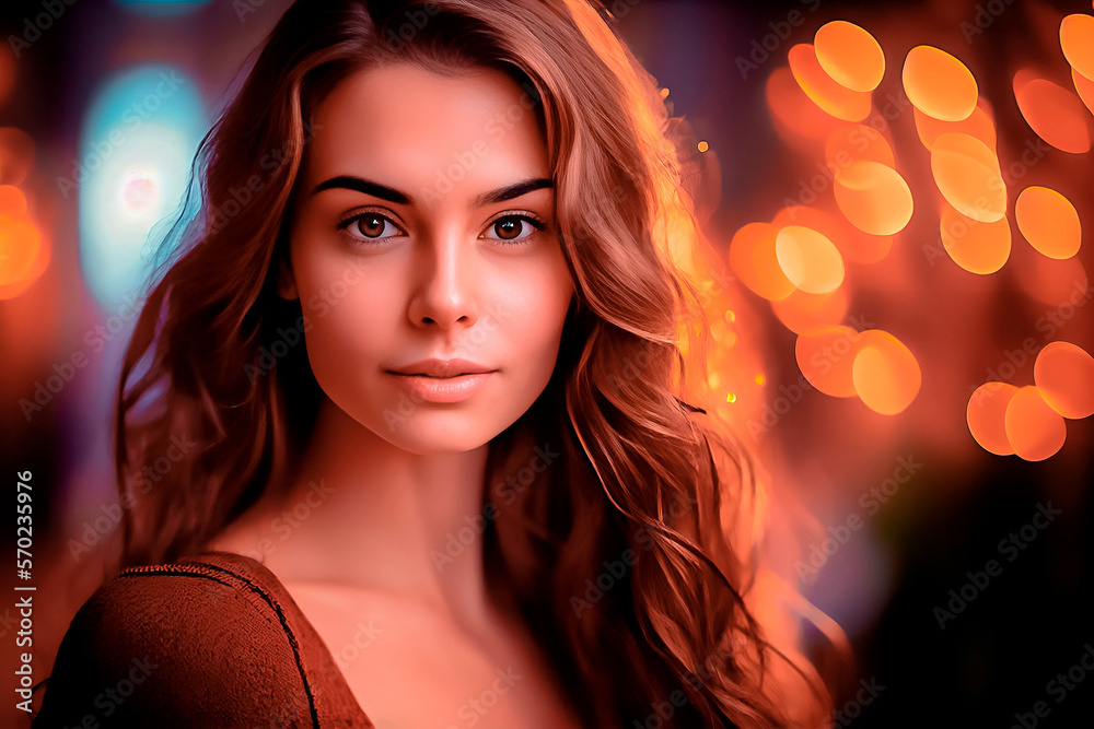 Portrait of a beautiful woman with brown hair on the evening street. Created with generative Ai. Portrait of a beautiful woman with brown hair on the evening street. Created with generative Ai.