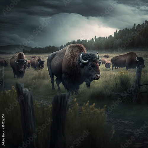 Herd of American Bison Grazing in Their Natural Habitat