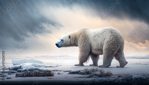 A Majestic Polar Bear Roaming the Arctic Tundra in Winter generative ai