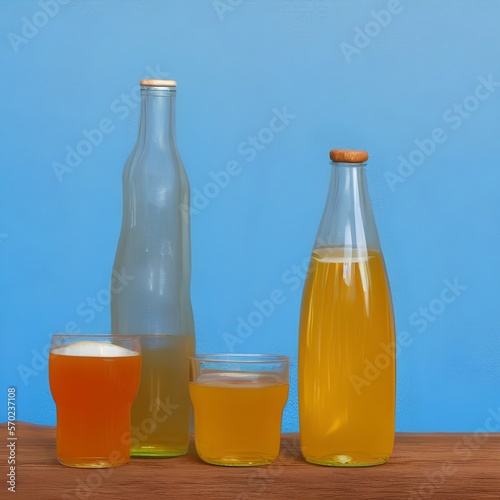 A bottle of apricot juice and a glass of apricot juice on a wooden table on a blue background - generative ai