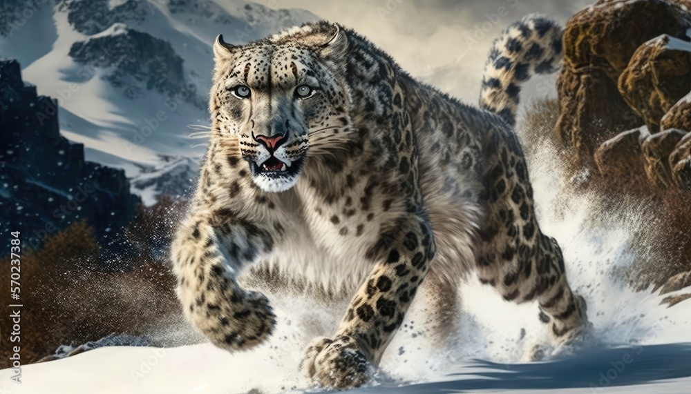 A Snow Leopard Pouncing on its Prey in the Himalayas generative ai A Snow Leopard Pouncing on its Prey in the Himalayas generative ai