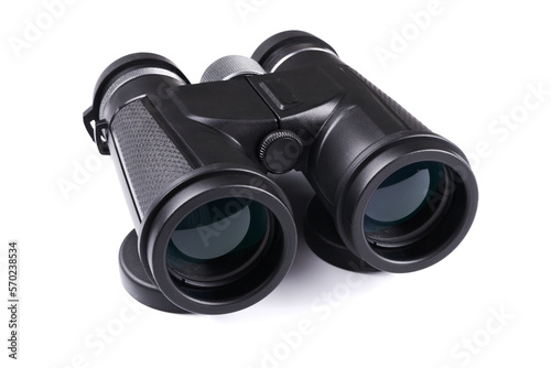 New binoculars isolated on white background. Flat lay, top view