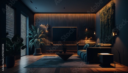 Black classic interior with TV  flowers  carpet  and candles. Generative AI.