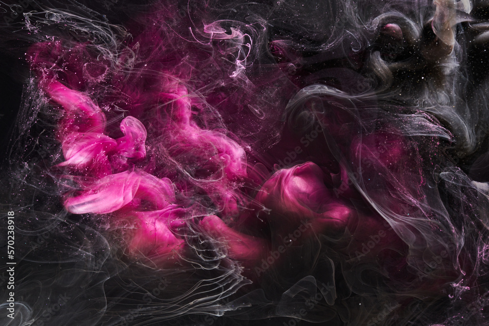 Dark Pink and black abstract ocean background. Splashes, drops and waves of paint under water, clouds of smoke in motion Dark Pink and black abstract ocean background. Splashes, drops and waves of paint under water, clouds of smoke in motion