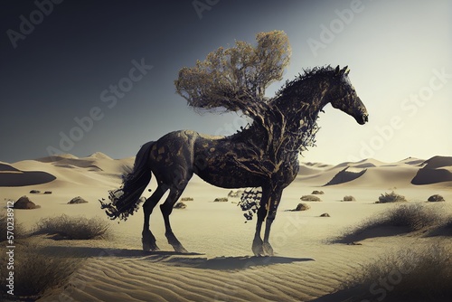 Creative Generative AI picture of side view of graceful black horse with tree on back standing in sandy desert against cloudless sky on sunny day © Juan Hernandez