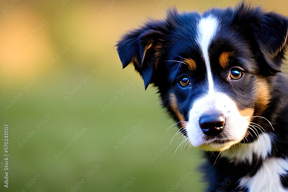 Cute puppy dog ​​portrait of the breed of Border Collie. Close up. Beautiful dog photo ideal for advertising spot, banner and advertising. Generative Ai
