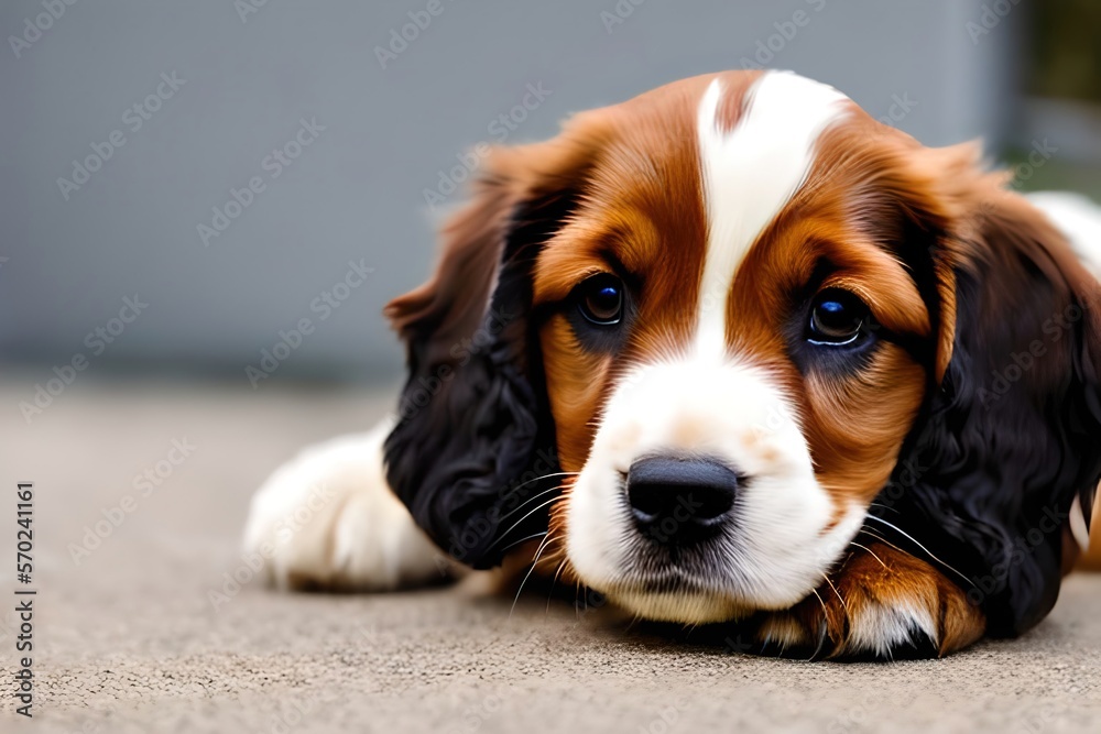 Cute puppy dog ​​portrait of the breed of Cocker Spaniel. Close up. Beautiful dog photo ideal for advertising spot, banner and advertising. Generative Ai
