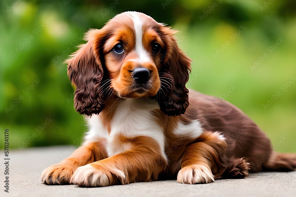 Cute puppy dog ​​portrait of the breed of Cocker Spaniel. Close up. Beautiful dog photo ideal for advertising spot, banner and advertising. Generative Ai
