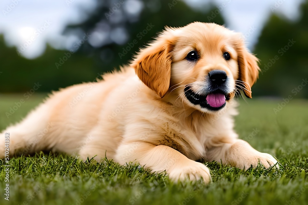Cute puppy dog portrait of the breed of Golden Retriever. Close up. Beautiful dog photo ideal for advertising spot, banner and advertising. Generative Ai
Cute puppy dog portrait of the breed of Golden Retriever. Close up. Beautiful dog photo ideal for advertising spot, banner and advertising. Generative Ai