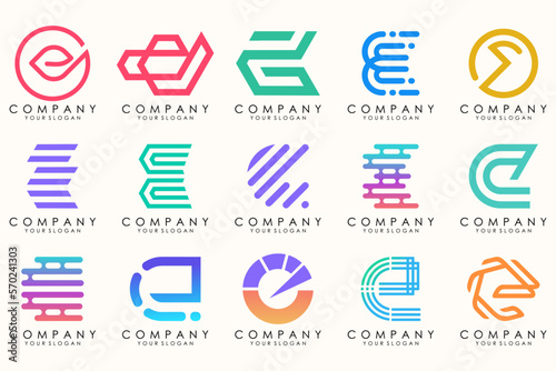 Abstract logos mega collection with letters E. Geometrical abstract logos