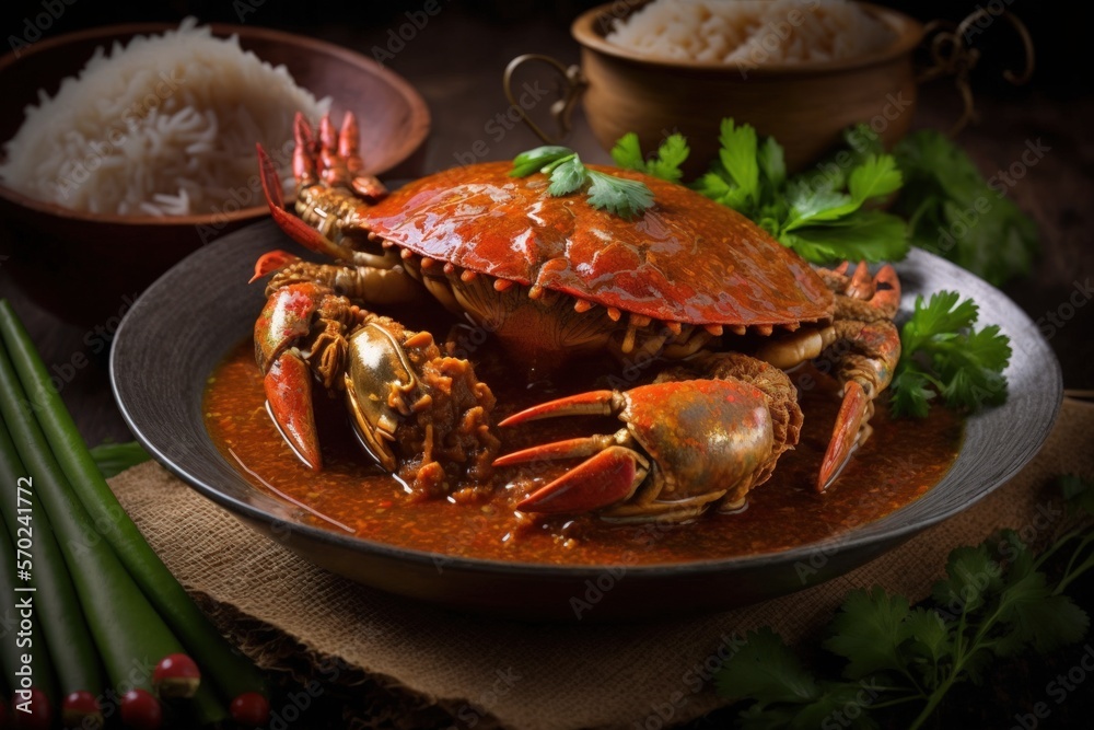 Delicious Crab in Padang sauce or Padang crab is an Indonesian seafood dish of crab served in hot and spicy Padang sauce. Generative AI
