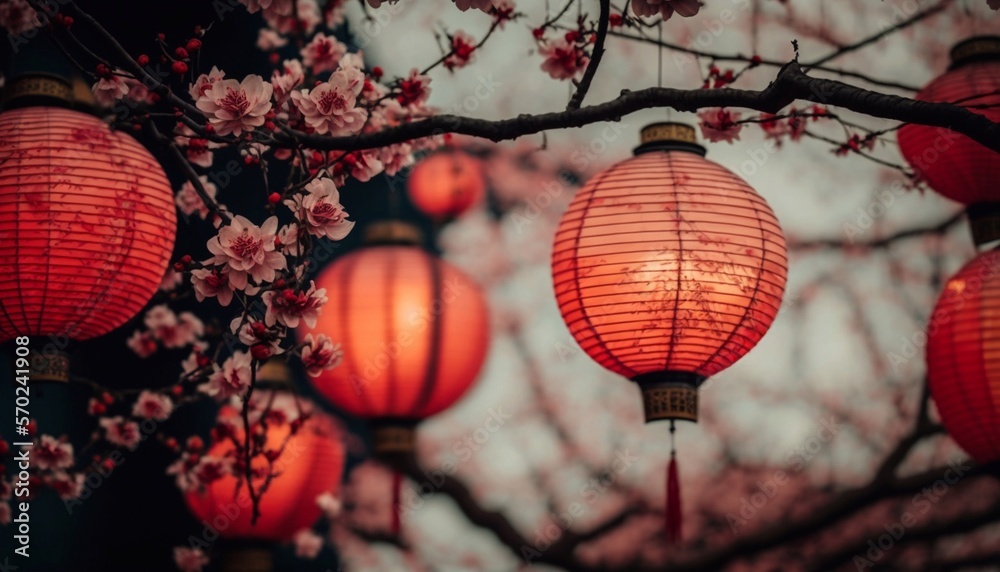 Lit red Chinese lanterns against a backdrop of flowers.  banner