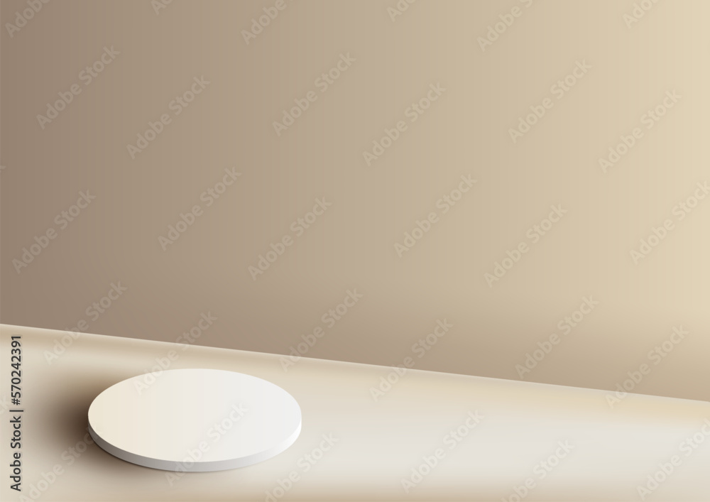 3D realistic white podium platform stand minimal wall scene on beige background. 3D realistic white podium platform stand minimal wall scene on beige background.