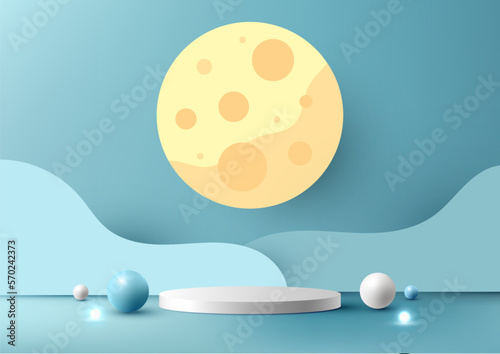 3D realistic studio room white podium stand with moutain and moon backdrop scene paper cut style