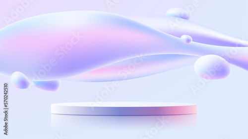 3D holographic color podium stand with fluid or liquid elements floating in the air on soft blue background