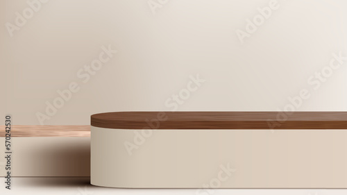 3D realistic top of surface wooden podium platform stand minimal wall scene on beige background © rarinlada