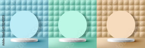 Set of 3D realistic studio room white cylinder podium stand