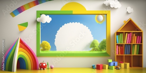 Kindergarten or preschool colorful banner with empty copy space background, generative ai