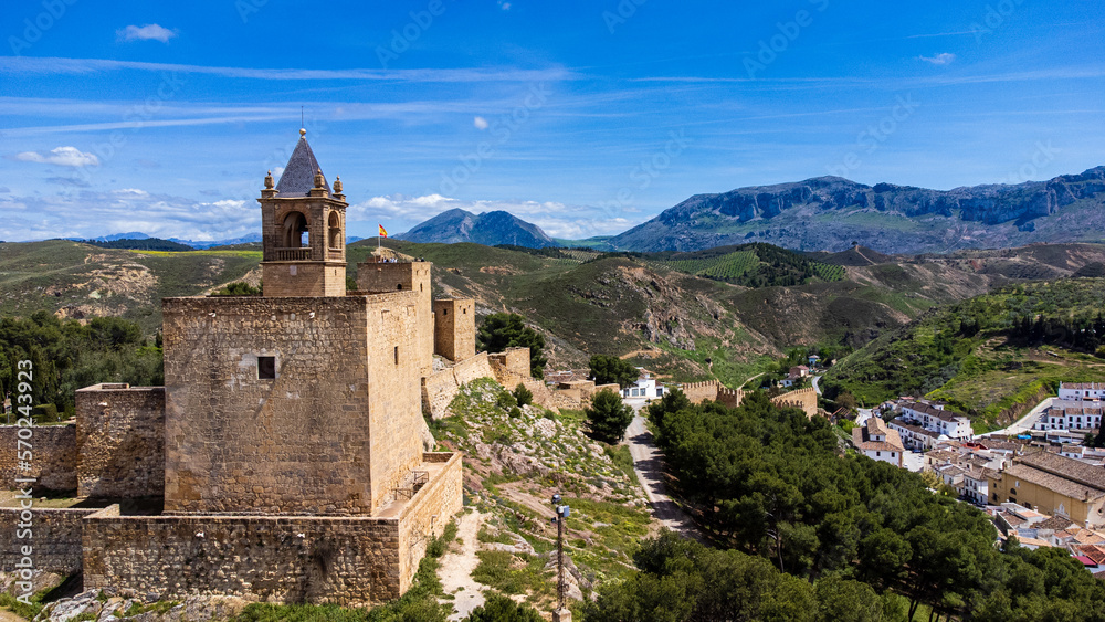 Aerial view of Alcazaba fortress. Antequera, Malaga province, Andalusia, Spain.