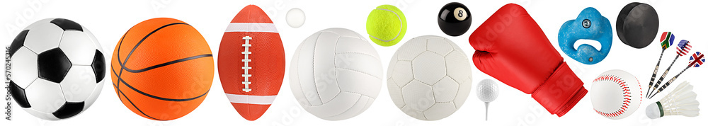 set collection of various sport gear and ball like soccer american football basketball handball boxing isolated white background. sports equipmet activity concept