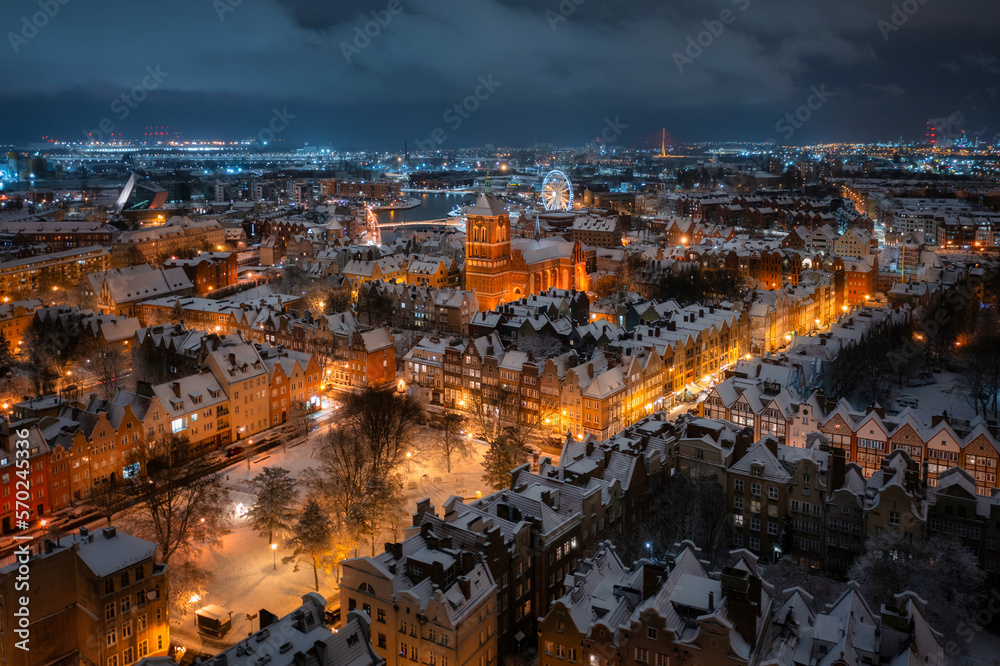 Aerial view of the beautiful main city in Gdansk at snowy winter, Poland