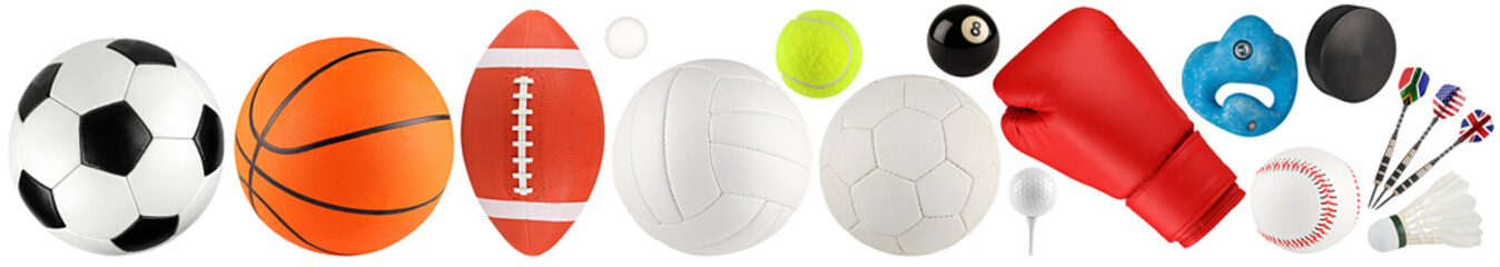 set collection of various sport gear and ball like soccer american football basketball handball boxing isolated white background. sports equipmet activity concept