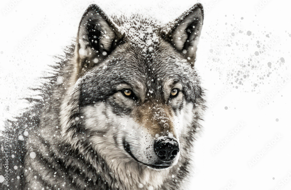 Gray wolf image with snowflakes on the muzzle, isolated on white. Generative AI Gray wolf image with snowflakes on the muzzle, isolated on white. Generative AI